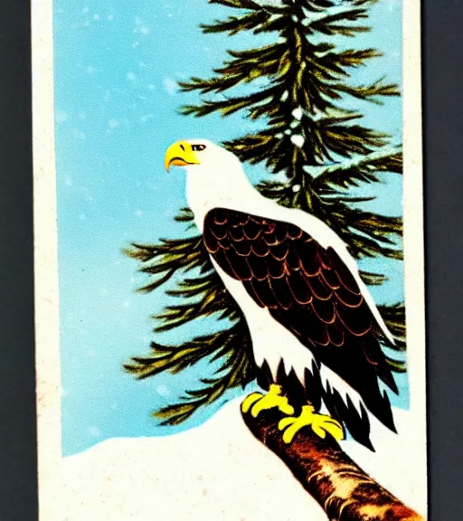 Prompt: damaged postcard of 'an eagle in the nest of a snowy pine tree' laying on table, zoomed out shot