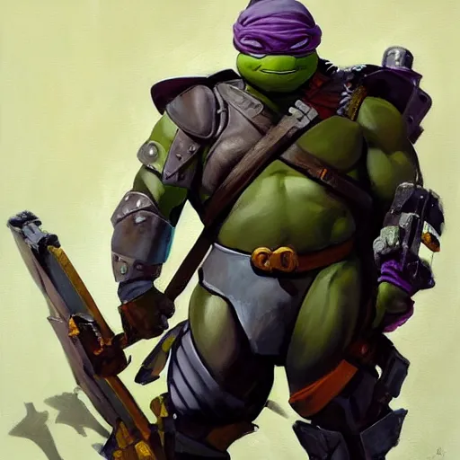 Image similar to greg manchess portrait painting of armored donatello of tmnt as overwatch character, medium shot, asymmetrical, profile picture, organic painting, sunny day, matte painting, bold shapes, hard edges, street art, trending on artstation, by huang guangjian and gil elvgren and sachin teng