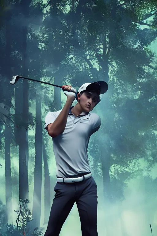 Image similar to close-up of an athletic golf player in a lush golf course with automatic watering, low angle, magical lights, golden hour, surrounded by burning forests, smoke from the fire, digital painting, cinematic, 4k, forest ray light, particles light, ilya kuvshinov, Greg Rutkowski, Beeple