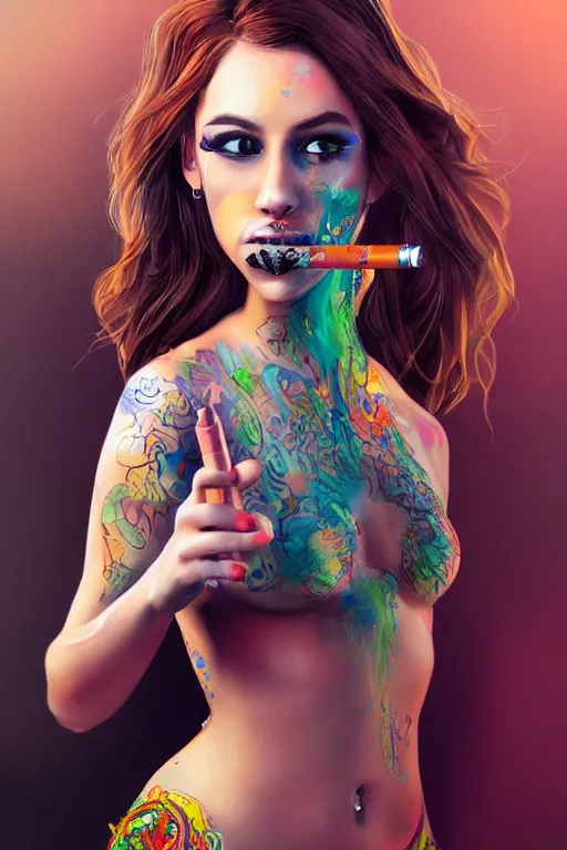 Image similar to full body painting of a girl smoking a cigarette and holding a pistol, cute face, intricate, highly detailed, digital painting, official media, concept art, rich vivid colors, ambient lighting, sharp focus, illustration