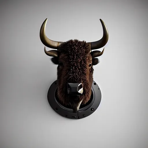 Image similar to hunting trophy in the form of a bison, head dressed in oculus vr, nailed to the wall,