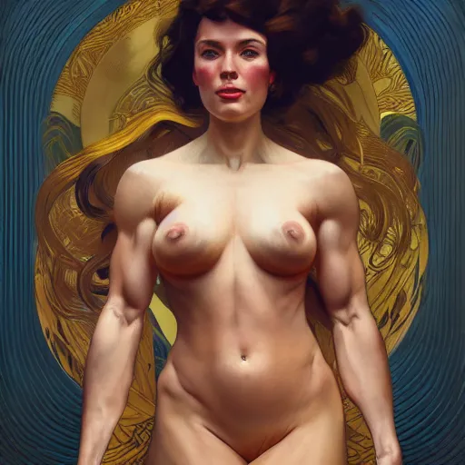 Prompt: modern woman | muscular | hyperrealistic | action pose | digital painting | trending on artstation | pinup portrait | clean | illustration | clothed | unreal engine 5 | 8 k resolution | rubenesque | by greg rutkowski alphonse mucha gustav klimt and mel ramos