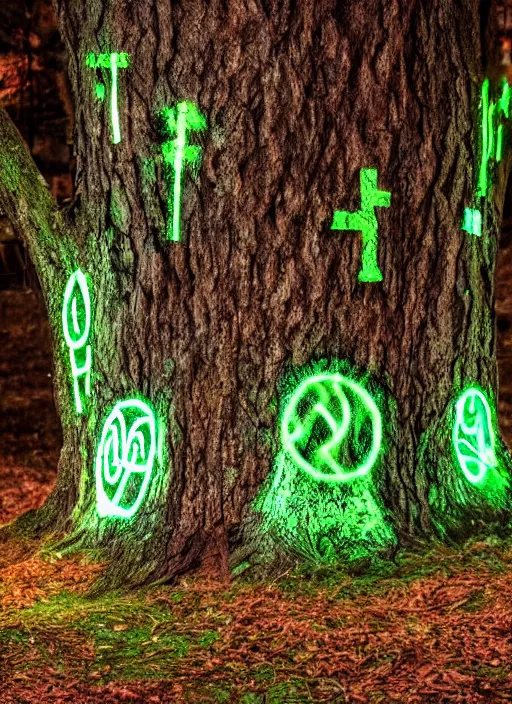 Image similar to very old huge oak tree with fluorescent glowing sigils on bark, glowing metallic leaves