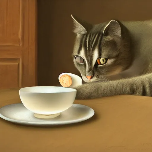 Image similar to cat drinks milk from a small porcelain plate, in game pathologic 2, digital art, steppe colours, cinematic composition, sharp, details, hd