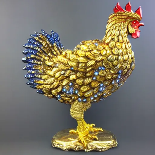 Image similar to beautiful, glorious crystallized gold sculpture chicken emperor, blue and silver colors, intricate details, realistic, reflective 3 d rtx hd