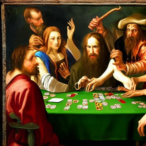 Prompt: renaissance painting of Cthulhu playing poker with pirates in a pub, detailed, gloomy