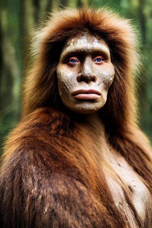 Image similar to a professional portrait photo of a neanderthal woman in the forest in winter, mud on face, black stripe painted side to side across her eyes, ginger hair and fur, extremely high fidelity, natural lighting, still from the movie clan of the cave bear