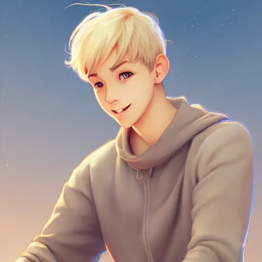 Image similar to young man with short, ash blond greyish hair, light brown eyes, casual clothes, relaxing, happy, path traced, highly detailed, high quality, digital painting, by don bluth and ross tran and studio ghibli and alphonse mucha, sylvain sarrailh, beautiful details