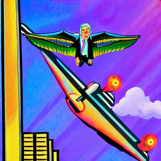 Prompt: robert mueller flying through the sky, art deco painting by lisa frank