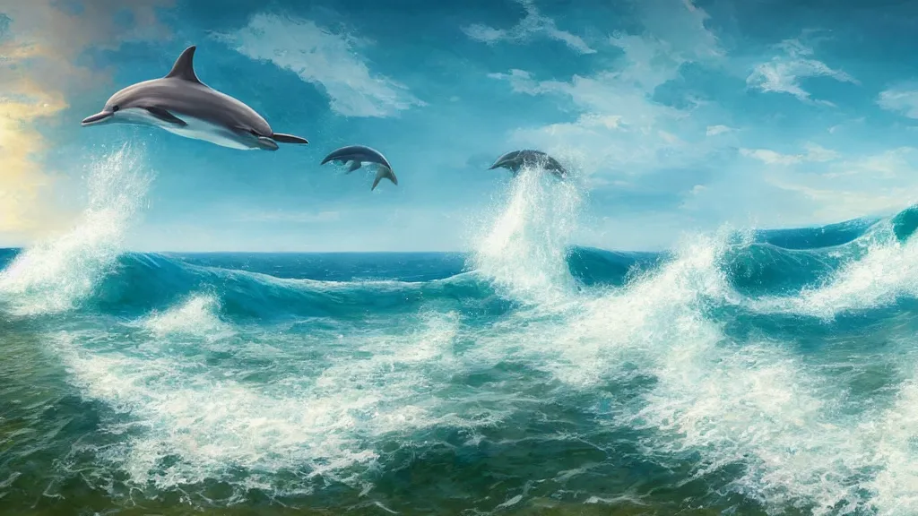 Prompt: first person view of breaking waves on the shore, summer, clear beautiful sky, bright sky, dolphins dolphin swimming, peaceful, amazing, by andreas rocha and john howe, and Martin Johnson Heade, featured on artstation, featured on behance, golden ratio, ultrawide angle, f32, well composed