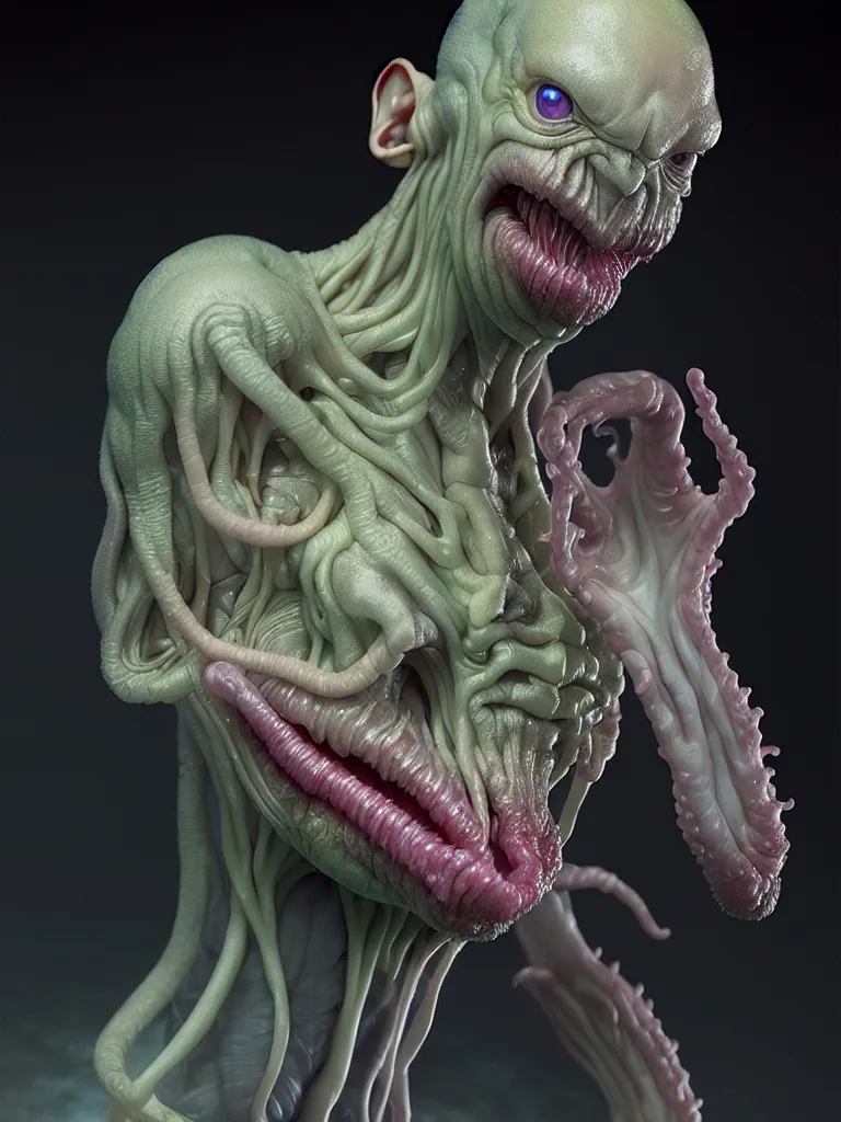 Image similar to hyperrealistic rendering, fat smooth cronenberg flesh monster transparent grey alien by donato giancola and greg rutkowski and wayne barlow and zdzisław beksinski, product photography, action figure, sofubi, studio lighting, colored gels