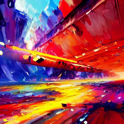 Image similar to acrylic palette knife, impressionism and expressionism, strong emotional impact, bold colors, expressive brushstrokes, overall sense of movement in the composition. a warp drive hitting infinite density, by andreas rocha, trending on artstation