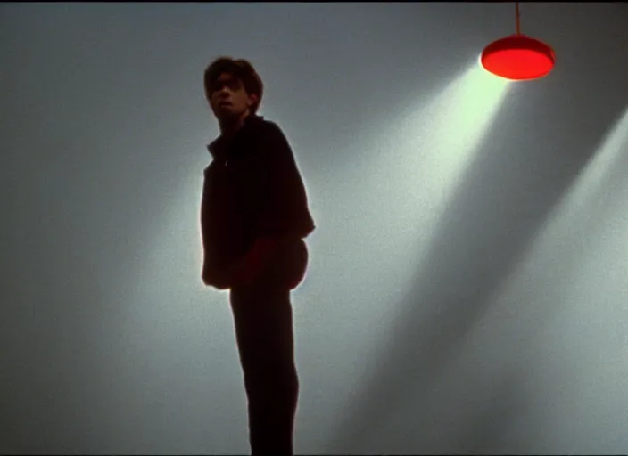 Image similar to a still from the breakfast club ( 1 9 8 5 ) of a man lifelessly floating 9 feet above the ground at night, illuminated by a single red light