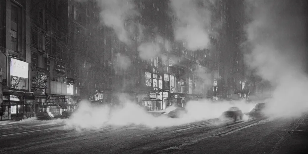 Image similar to a high resolution photo of a new york street at night surrounded with smoke and cars with bright headlights covered in snow and silhouettes of people walking on the street, by joel meyerowitz, realistic photo, leica, magnum award winning photograph, parallax photography,