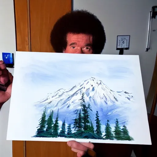 Image similar to Bob Ross painting the mount Shuksan, realistic