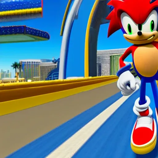 Image similar to sonic in 3d style running in las vegas nevada