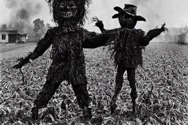 Image similar to disturbing screaming scarecrow from the early 1 9 0 0's burning down the cornfields