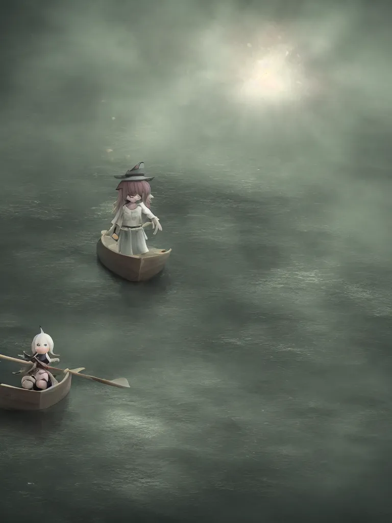 Image similar to cute fumo plush girl witch rowing a small boat through murky river water, river styx, otherworldly chibi gothic horror wraith maiden, lost in the void, hazy heavy swirling murky volumetric fog and smoke, moonglow, lens flare, rule of thirds vray
