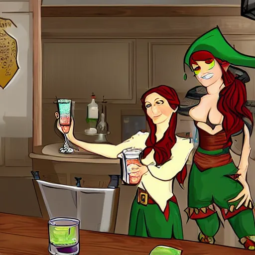 Prompt: A female elf bartender serving a drink to a tired orc office worker.