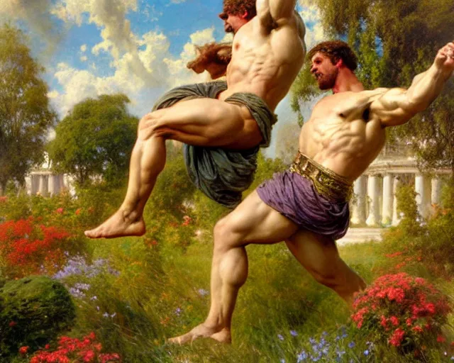 Image similar to muscular hercules and muscular achilles frolic in a meadow of beautiful flowers, large topiary and marble pillars in the background, painting by gaston bussiere, craig mullins, j. c. leyendecker, tom of finland
