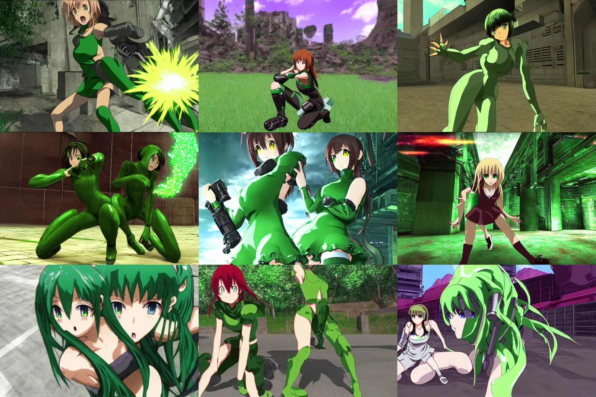 Prompt: an green anime girl in a screenshot of the video game doom, the anime girl is crouching, detailed