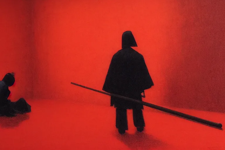 Image similar to only with red, a red samurai do seppuku, tokio, a lot of frogs watch, in the style of beksinski, parts by edward hopper, parts by rodcenko, parts by yue minjun, intricate and epic composition, red by caravaggio, insanely quality, highly detailed, masterpiece, red light, artstation, 4 k