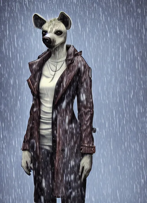 Image similar to digital artwork of anthromorphic hyena female, fursona, furry fandom, rainy cyberpunk setting, anthro, wearing large raincoat,