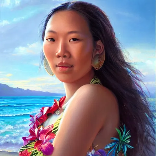 Image similar to portrait of a hawaiian woman ( 3 5 ) from hawaii in 2 0 2 1, an oil painting by ross tran and thomas kincade
