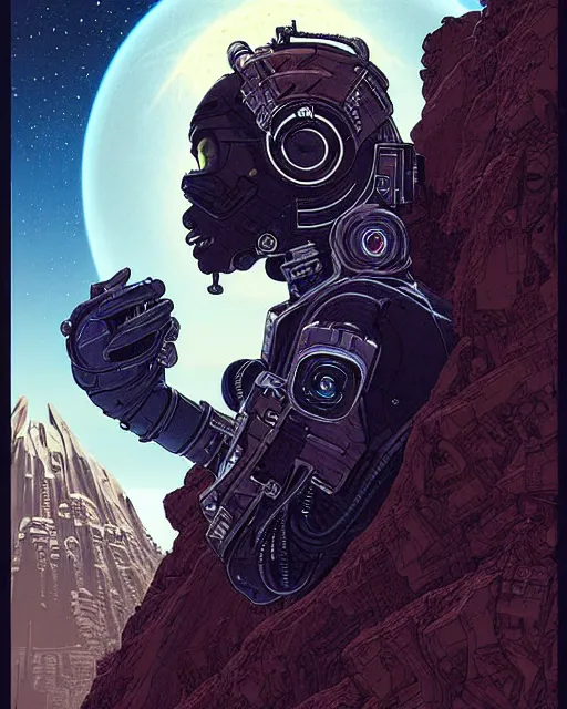 Image similar to sojourn from overwatch, african canadian, gray hair, character portrait, portrait, close up, concept art, intricate details, highly detailed, vintage sci - fi poster, retro future, vintage sci - fi art, in the style of chris foss, rodger dean, moebius, michael whelan, and gustave dore