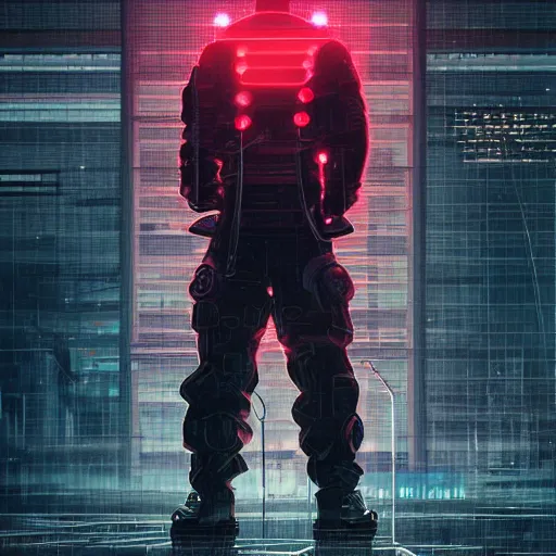 Image similar to A broad shouldered, muscular man in an Acronym techwear outfit, Acronym P31-ds pants, high quality, digital art, dire cyberpunk city, gray sky, neon signs in background, greg rutkowski