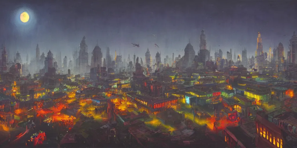 Prompt: a beautiful, surreal painting of india portrayed as gotham city at night filled with police cars, people and batman signal on the clouds by gerardo dottori and simon stalenhag, oil on canvas, full hd, 8 k