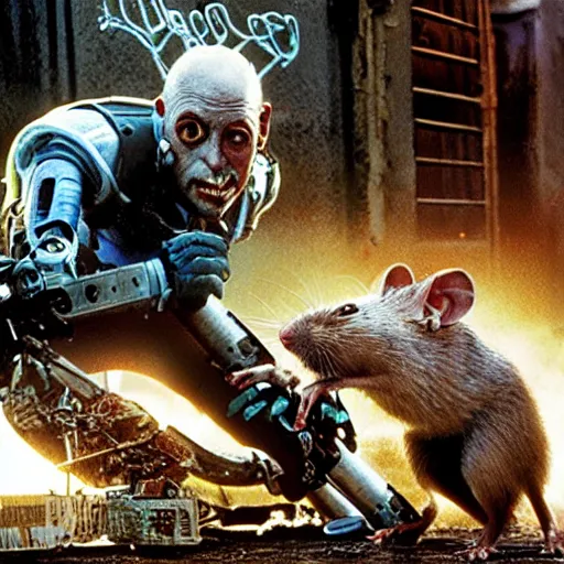 Image similar to a movie by James Cameron showing a gritty, futuristic street being swarmed by rabies infected cybernetic rats.