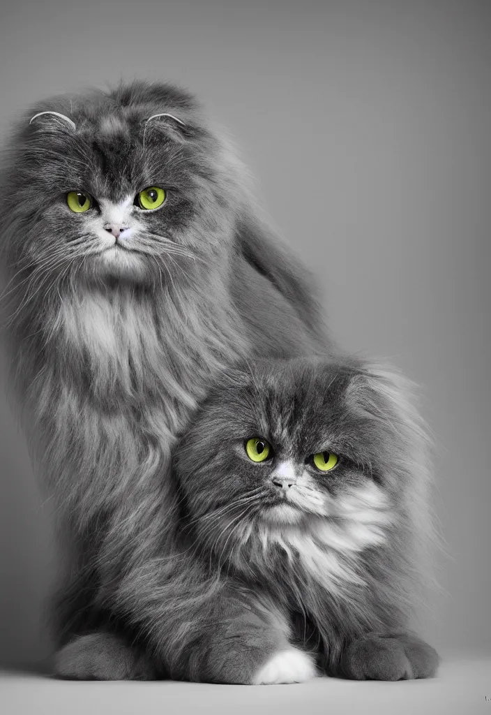 Prompt: longhair floof fluffy coiffed groom elegant gorgeously cfa champion cute pretty scottish fold cat, radiant sigma 3 5 mm f / 8 detailed painting, grisaille dark monochrome with neon fluorescent color airbrush spraypaint accents, by jules julien, wes anderson, lisa frank, octane render 4 k