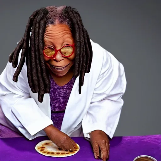 Image similar to whoopi goldberg making potstickers on the moon wearing purple