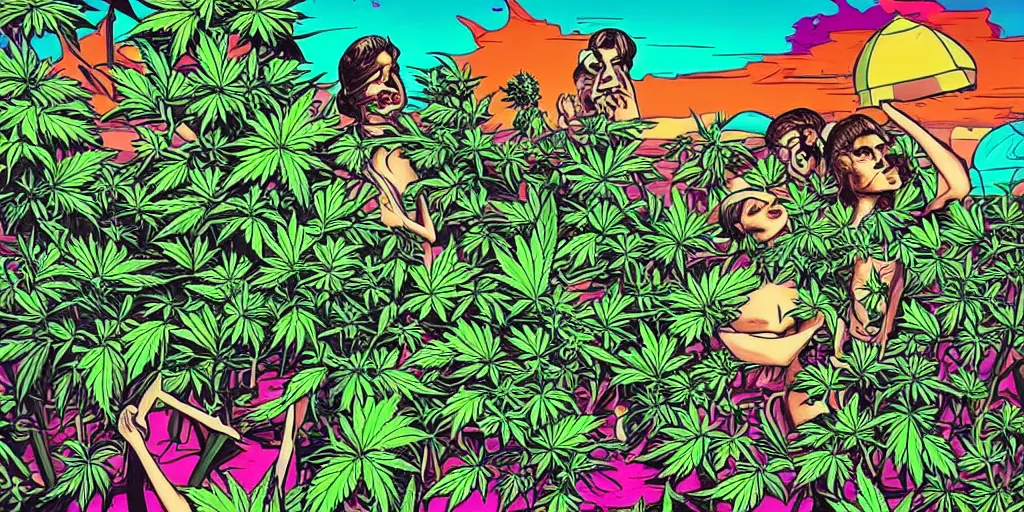 Prompt: cannabis paradise in lowbrow art style