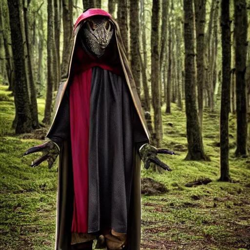 Image similar to medieval cloak wearing anthro lizard, photograph captured in the woods