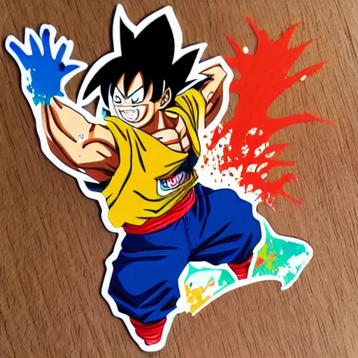 Image similar to die cut sticker, goku one piece style, splatter paint