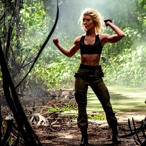 Image similar to cinematic action scene with julianne hough as a commando in the jungle, crop top, boy shorts, boots, dramatic smoke, still frame