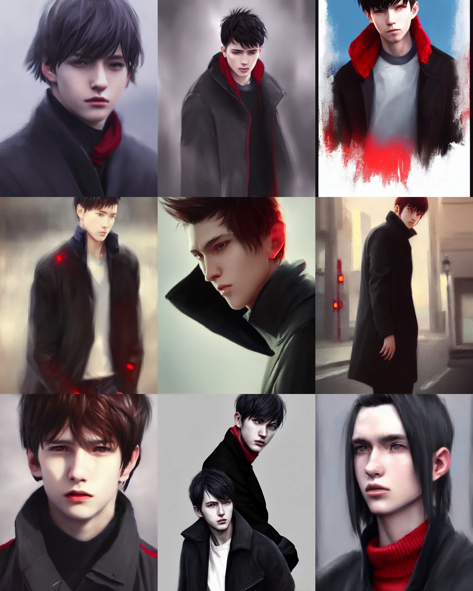 Image similar to wlop, krenz cushart, close detailed portrait digital painting of a young man with black cowlick haircut, wearing black overcoat, red clothes, blue jeans. sunbeam, unreal engine, hyper realism, realistic shading, cinematic composition, blender render, octane render, hdr, detailed textures, photorealistic, 3 5 mm film