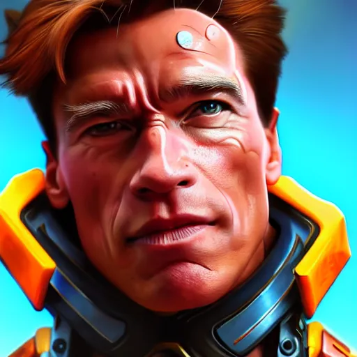 Image similar to a screenshot of arnold schwarzenegger as tracer in overwatch, portrait, fantasy, beautiful face, vivid colors, elegant, concept art, sharp focus, digital art, hyper - realistic, 4 k, unreal engine, highly detailed, hd, dramatic lighting by brom, trending on artstation