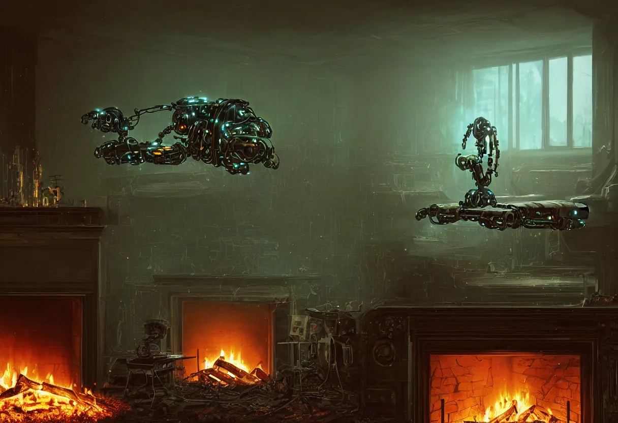 Prompt: A closeup of a lone solitary green and brown decaying futuristic cybertronic robot seated on a fainting couch facing a roaring fire in a huge fireplace in a post-apocalyptic Victorian home, cold blue light from the window, with cinematic lighting and lens flare, tall ceiling, octane render, by Simon Stalenhag and Sylvian Boussiron and Gregory Crewdson and Alfonso Cuaron, award-winning highly detailed 8k anamorphic closeup tight cinematic movie photograph