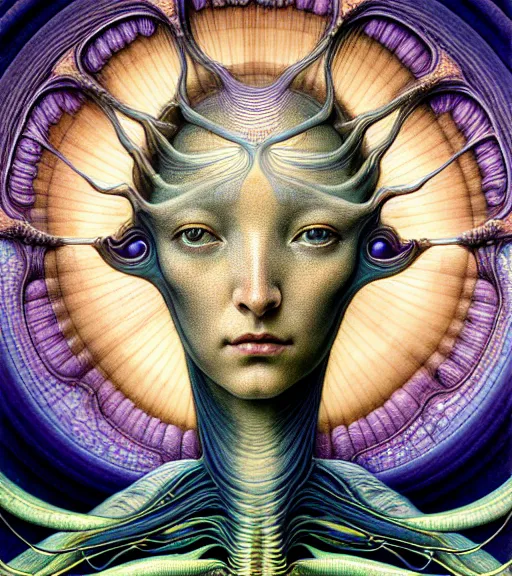 Image similar to detailed realistic beautiful mantis goddess face portrait by jean delville, gustave dore, iris van herpen and marco mazzoni, art forms of nature by ernst haeckel, art nouveau, symbolist, visionary, gothic, neo - gothic, pre - raphaelite, fractal lace, intricate alien botanicals, ai biodiversity, surreality, hyperdetailed ultrasharp octane render