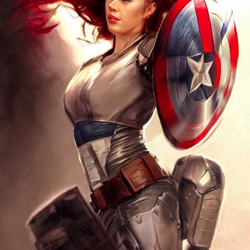 Image similar to captain america as an attractive young smiling woman played by by scarlett johansson wearing heavy armour, face portrait, athletic strong body, hd shot, digital portrait, elegant, beautiful, fantasy art, artstation, comic style, by artgerm, guy denning, jakub rozalski, magali villeneuve and charlie bowater