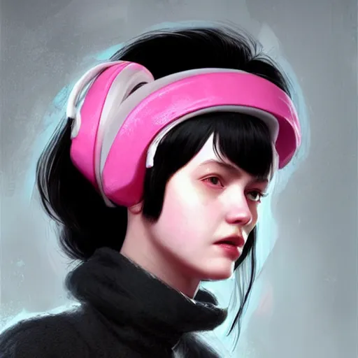 Prompt: a girl with pink and black hair wearing earmuffs and with bionic eyes, digital art, 8 k resolution, unreal engine, highly detailed, very detailed eyes, photorealistic by wlop, greg rutkowski