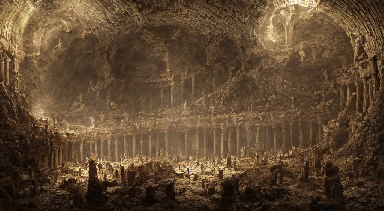 Image similar to subterranean under earth catacombs kingdom of Julius Caesar, roman historic works, ruins, hyper-detailed, artstation trending, world renowned artists, historic artworks society, antique renewel, cgsociety, by greg rutkowski, by Gustave Dore, Deviantart