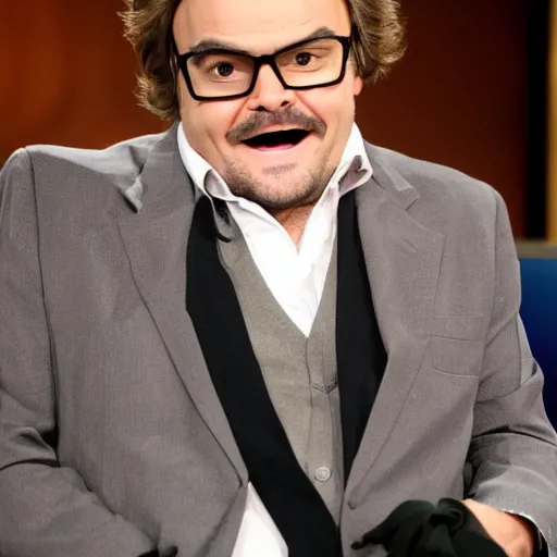Image similar to jack black dressed as and pretending to be larry king