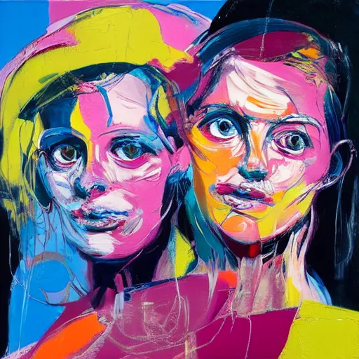 Prompt: a portrait of two beautiful 3 0 year old sisters in a scenic environment by francoise nielly, francis bacon