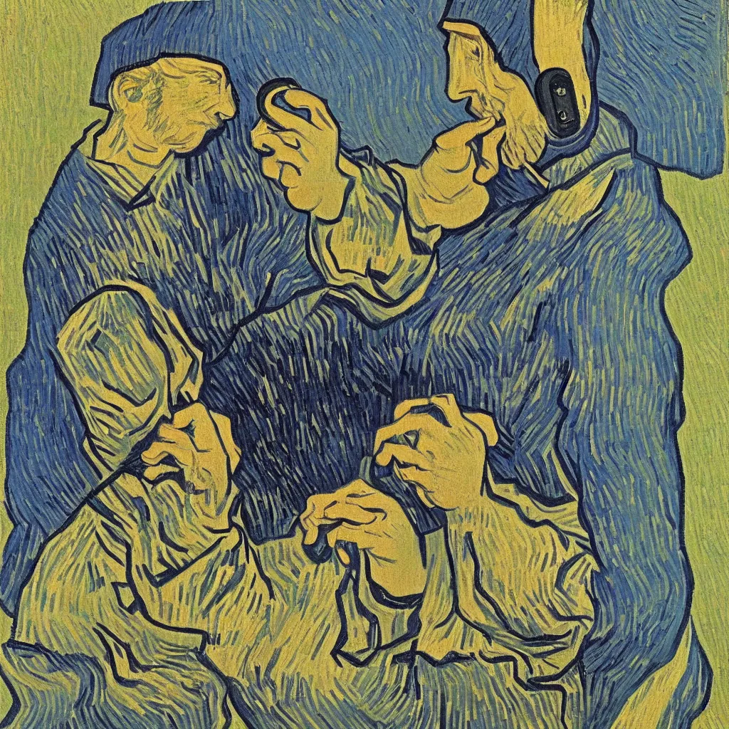 Image similar to i, a man wearing headphone and playing his iphone, by vincent van gogh