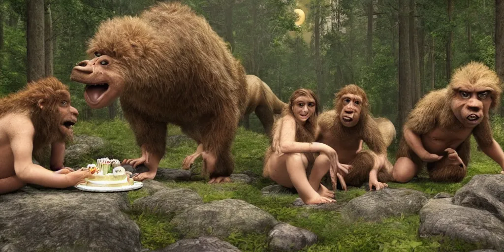 Image similar to ultra realistic photo, three hairy fat neanderthal people, emma!! watson!!, eating outside, surrounded by dinosaurs!, gigantic forest trees, sitting on rocks, bright moon, birthday cake on the ground, front view