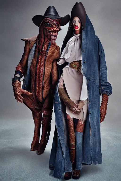 Image similar to dolce & gabbana campaign featuring jar jar binks as a female cowgirl, long eyeslashes, huge juicy lips, big seductive eyes, shot by mario testino, realistic vfx simulation
